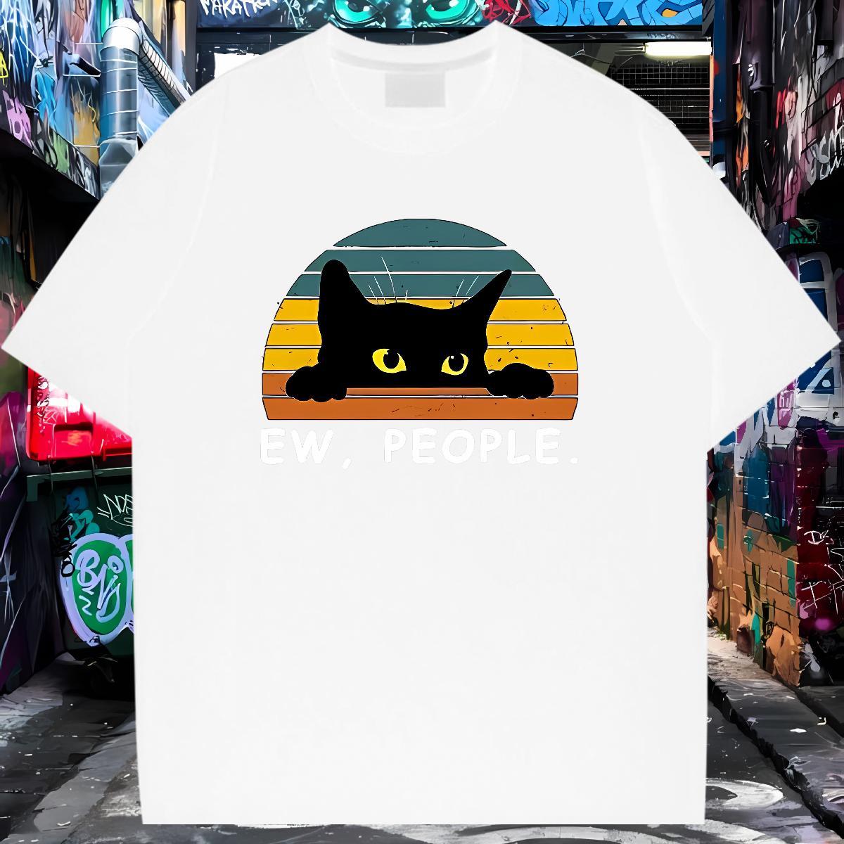 Classic Casual Man T Shirts 230g Cotton cat Daily Outfit Tops Tees O Neck Short Sleeves High Quality Men Tshirts Black White