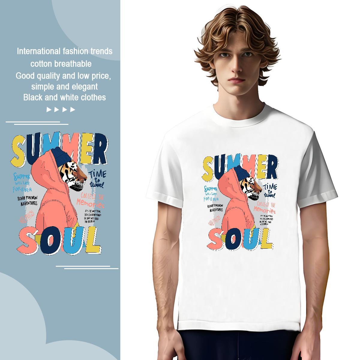 T-Shirts 230g 100% Cotton tiger Spring Summer Short Sleeve O-Neck Anime Print Men Clothes T-Shirt Fashion Soft Tee Shirt