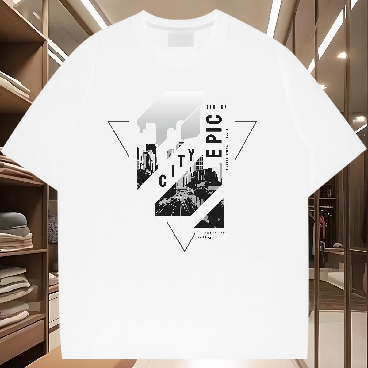 Brand T shirt 230g Cotton Tall buildings, streets Sports Casual Clothes Short Sleeve O-Neck Designer Men Tees DIY Printed