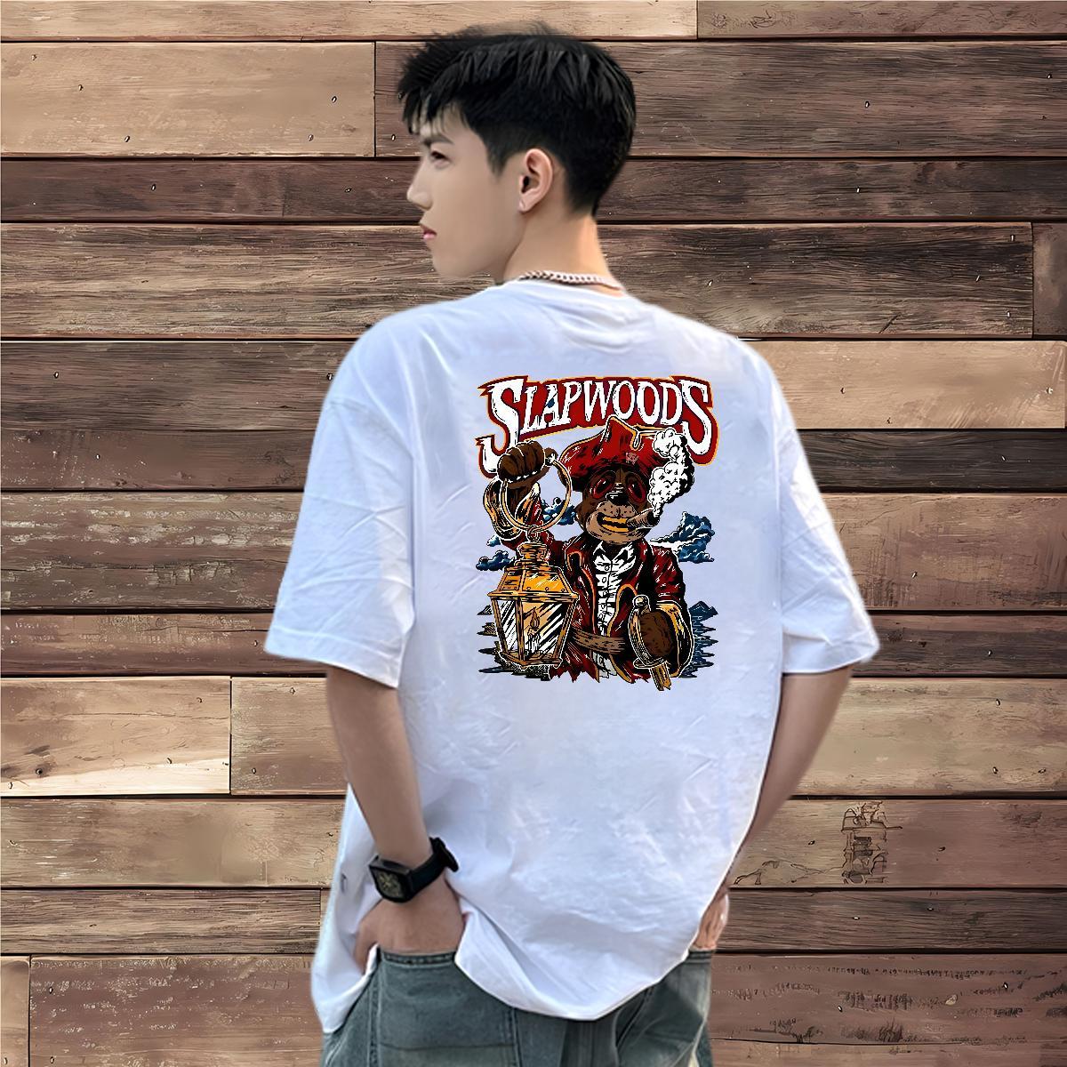 2024 DIY Man T Shirts 230g Pure Cotton bear Street Casual Tshirts Round Neck Short Sleeve Loose Men Tees Cartoon Print
