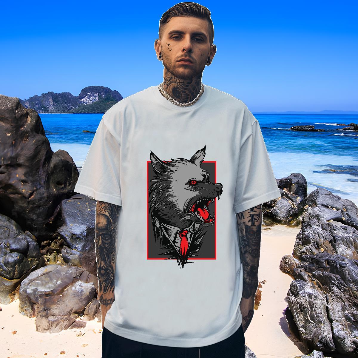 TOP Quality Mens Tshirts 230g Cotton wolf T Shirt For Man Casual Breathable Custom Print Oversized Fashion Design Tops Shirt