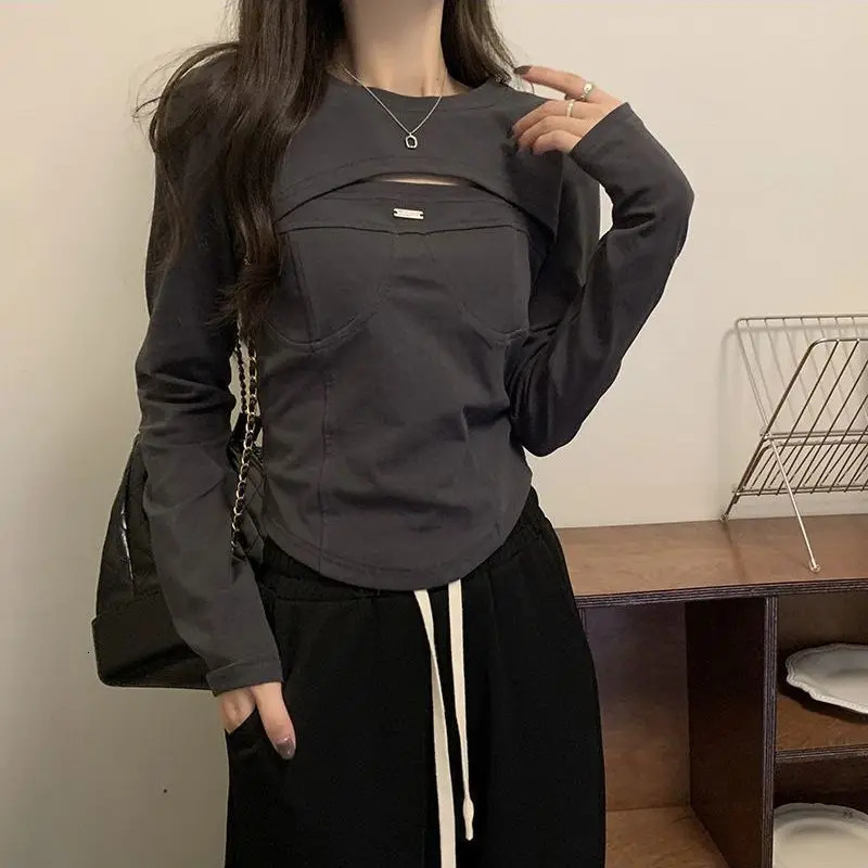 Spring Autumn Slim Solid Color T-Shirts Women High Street Casual Round Neck Long Sleeve Pullovers Elegant All-match Tops 240806