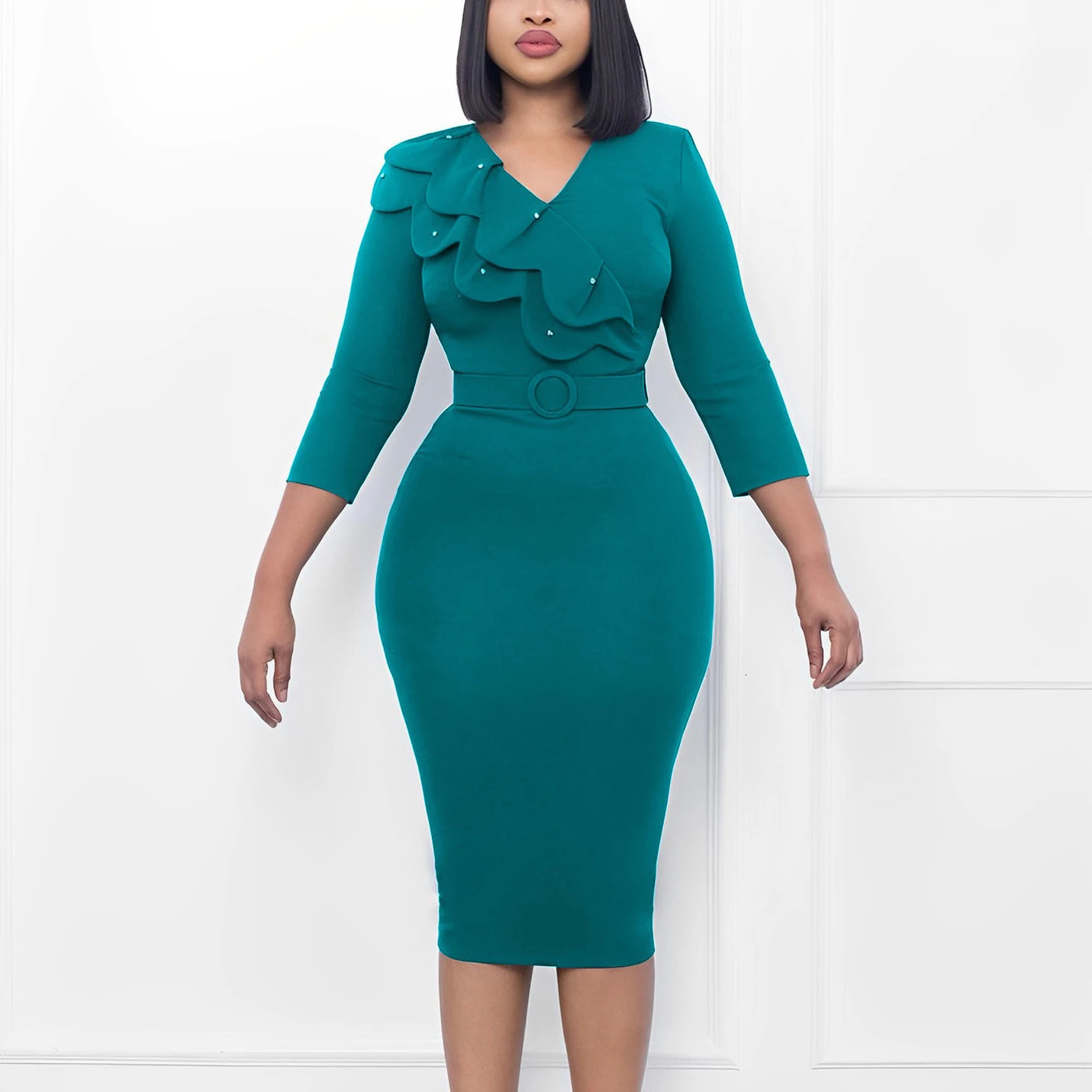 Elegant Office Dresses for Women V Neck Full Sleeve Ruffles Belt Waisted Package Hips Mid Calf Professional Work Dress Midi Robe 240806