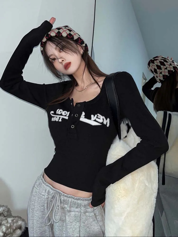 Women Sexy Slim Crop Top Retro Graffiti Print Elastic T Shirt Ribbed Long Sleeve O-neck Tops Grunge Tee Tops 240806