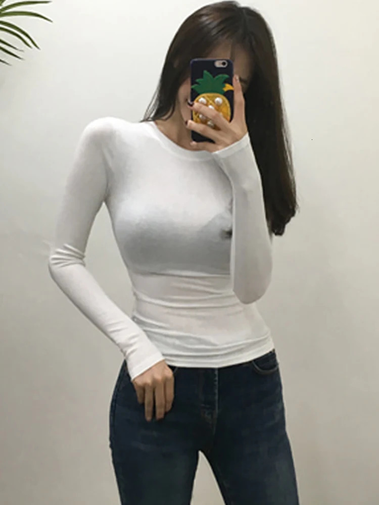 T Shirt Korean Style Slim T-shirts Sexy Tshirts Cotton Long Sleeve Summer Tops Tee Shirt Femme Khaki Blue White Black 240806