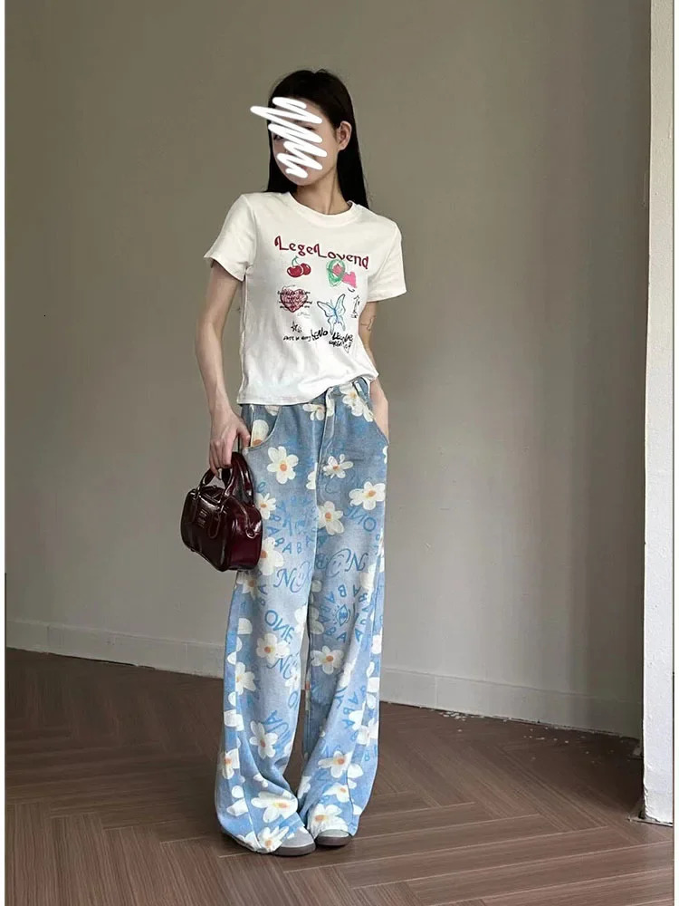 Vintage Baggy Blue Womens Jeans Straight Loose High Waist Trousers Flower Printing Streetwear Fashion Mom Denim Wide Leg Pants 240806