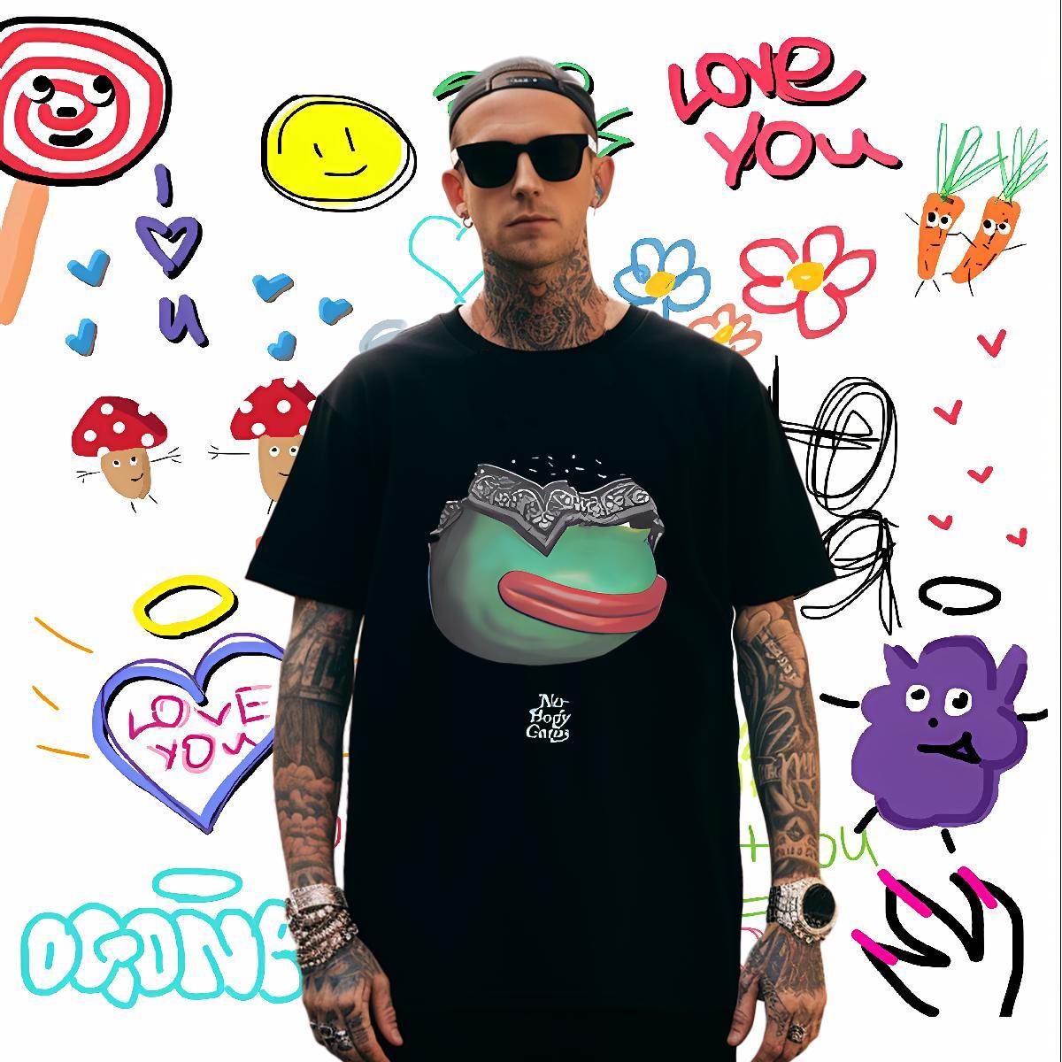 T-Shirts 230g Cotton Frog High Street Hip Hop Round Neck Short Sleeve Customized Print Men Tops Tees Fashion Casual Soft Tee Shirt