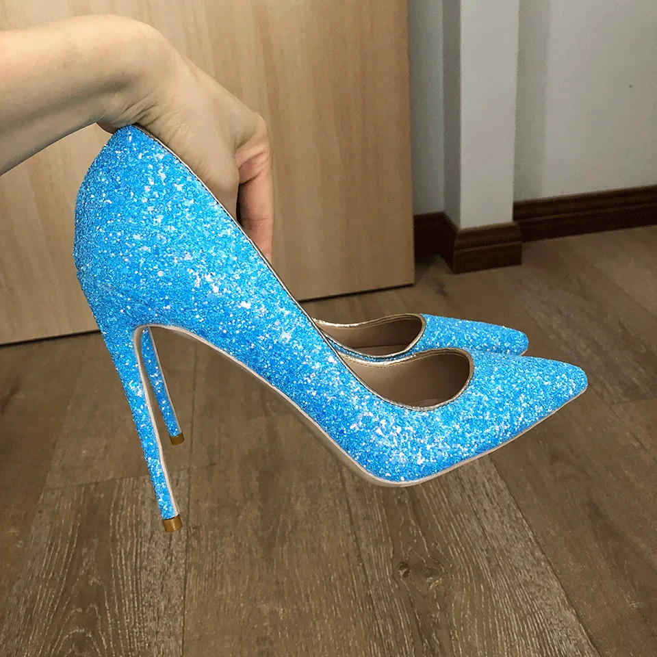 Tikipup Sky Blue Womens Sparkling Glitter Dot Toe Stiletto Pump Sexy Womens Ultra High Heels Wedding Bridal Shoes 240802