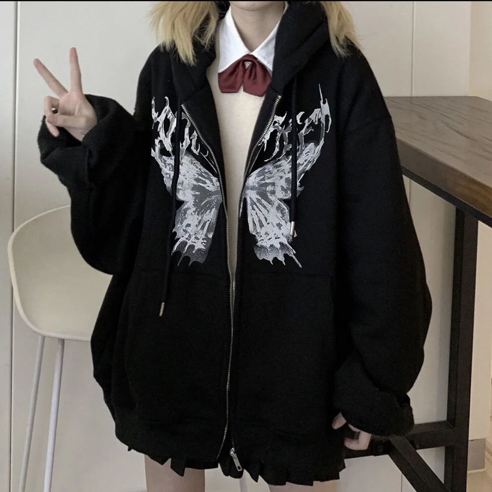 Gothic Hooded Autumn Winter Y2K Hoodies Zip Up Women Jackets Streetwear Mens Sweatshirts Harajuku Casual Tops 240806