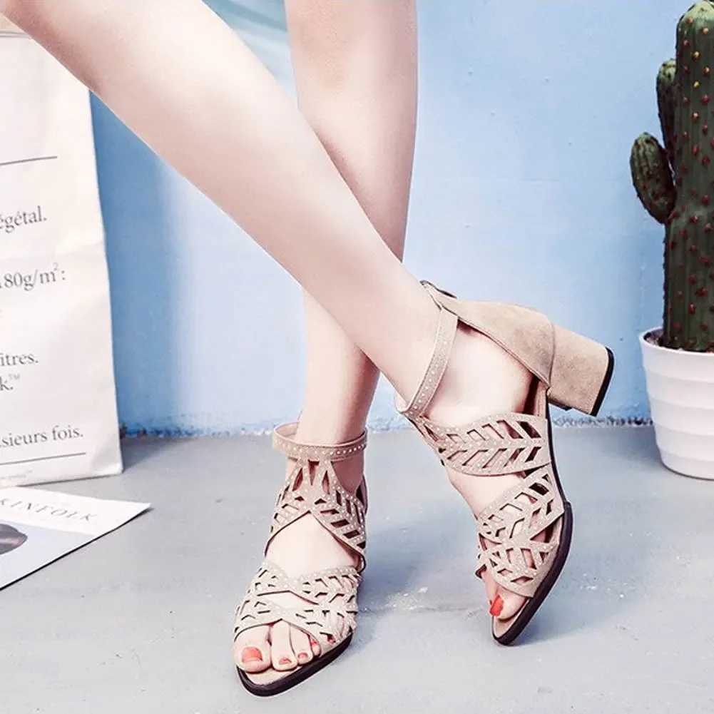 High Quality New Style Women Summer Hollow Out Faux Leather Rhinestones Thick Heel Zipper Sandals Shoes Eur 35-41 T241227