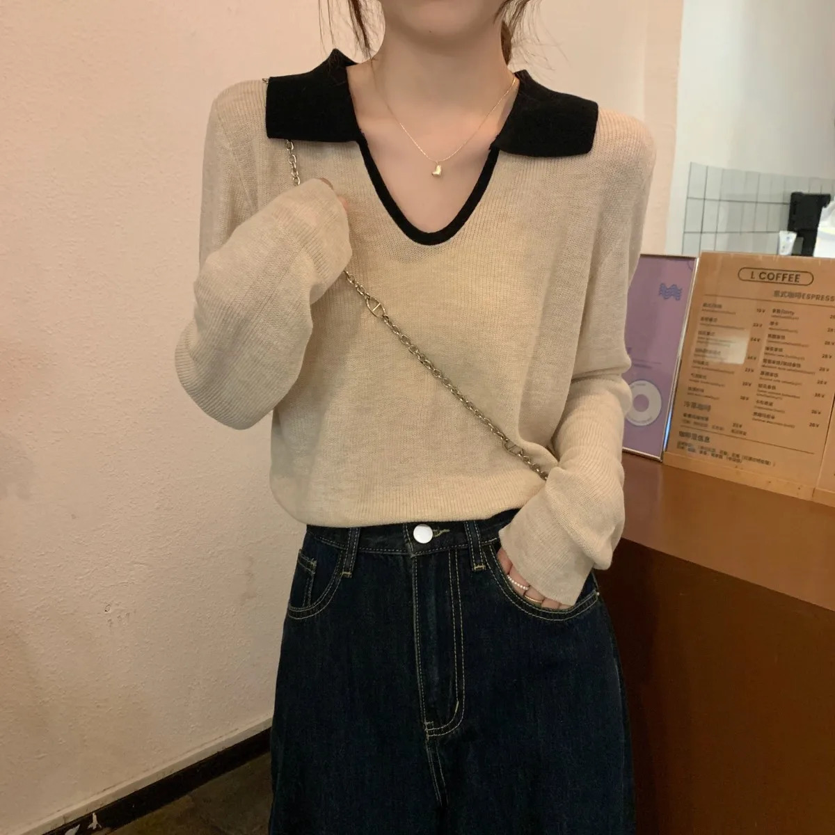 Womens autumn fashion polo neck compared to loose wool knitted long sleeved top Harajuku graphic T-shirt Y2k top 240827