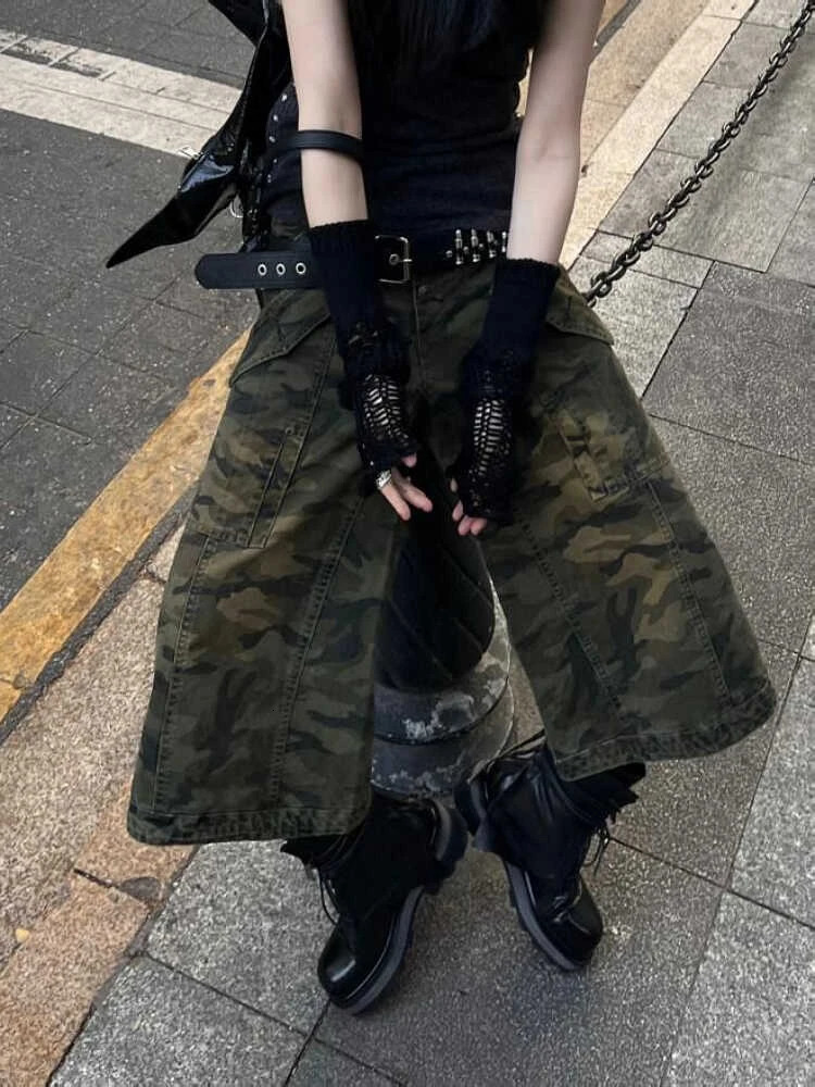 Summer Women American Vintage Japanese 2000s Camo Jorts Jean Shorts Knee Length Denim Pants Y2k Streetwear Harajuku Punk Baggy 240806