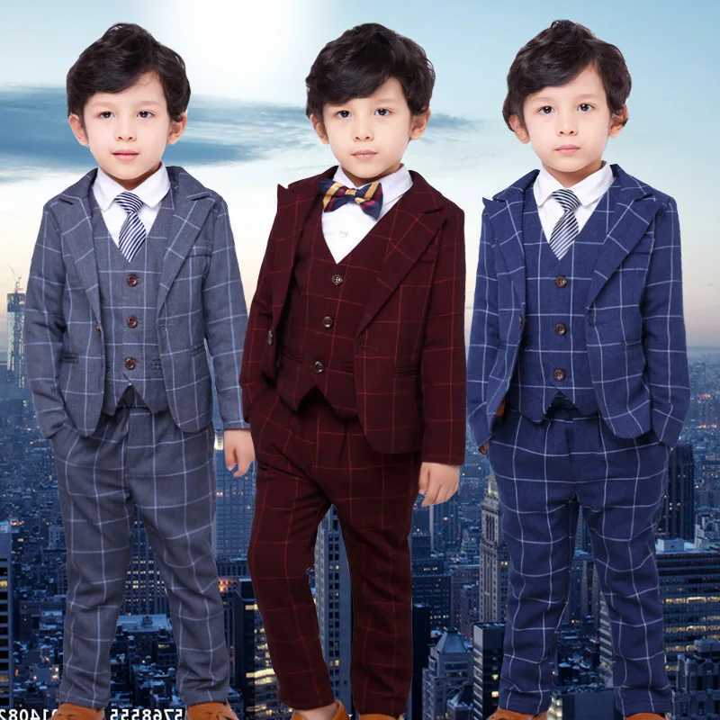 Suits Top Quality Boys Plaid Jacket Vest Pants Bowtie 3Pcs Clothing Set Gentleman Kids Wedding Suit Children Performance Dress