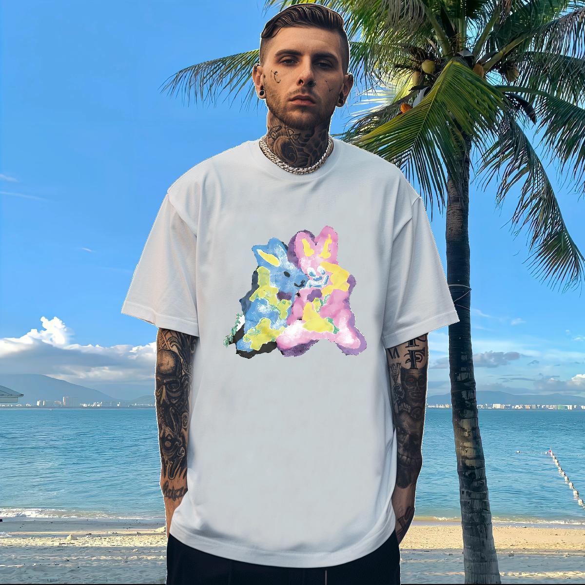 Classic T Shirts Men 230g Cotton rabbit Daily Outfit Tee Shirt Crew Neck Breathable Unisex Men Tshirts Skull