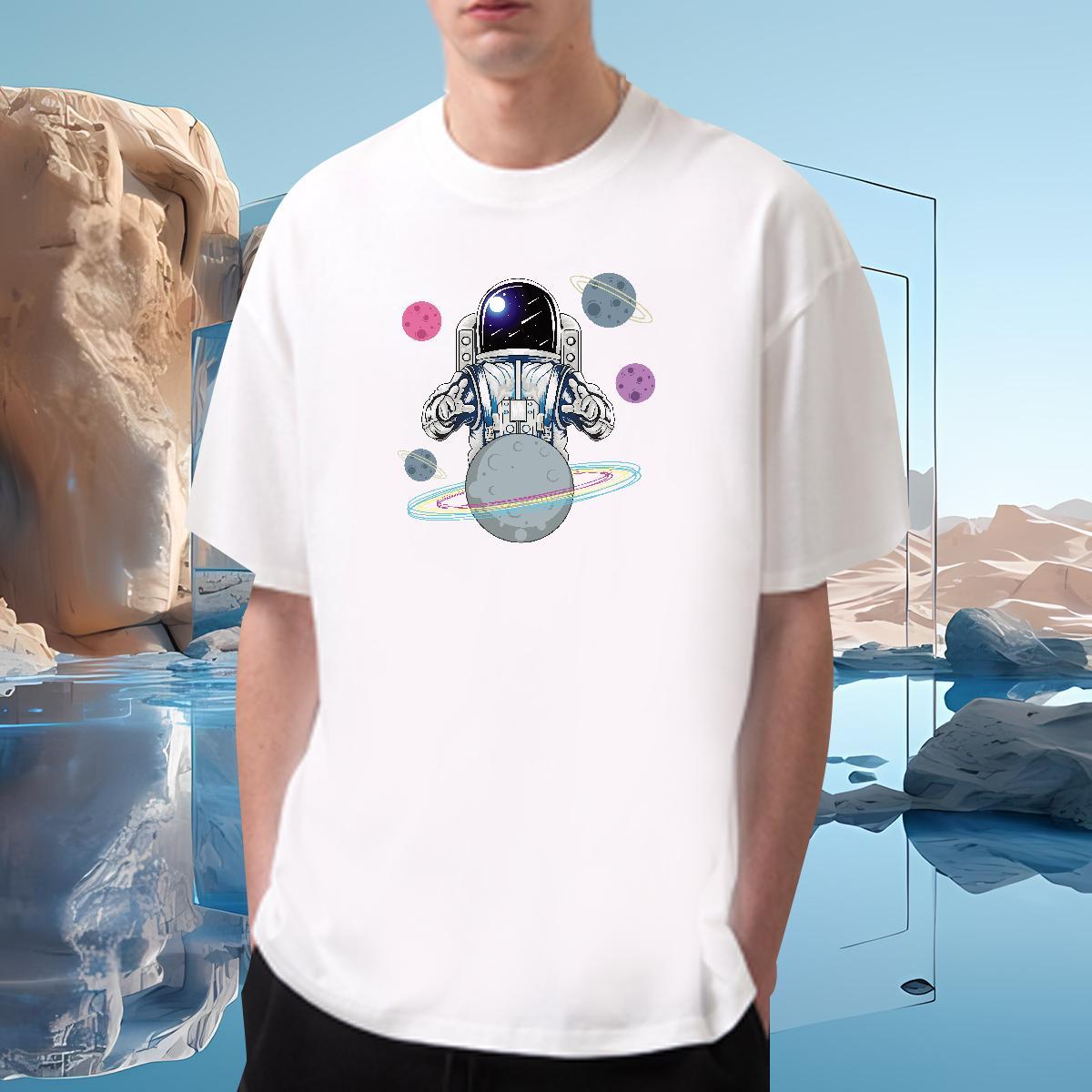 T Shirt For Man 230g 100% Cotton cosmonaut High Street Hip Hop O Neck Short Sleeves Plus Size Custom Men Tops Tees Fashion New Comfortable Top Tees