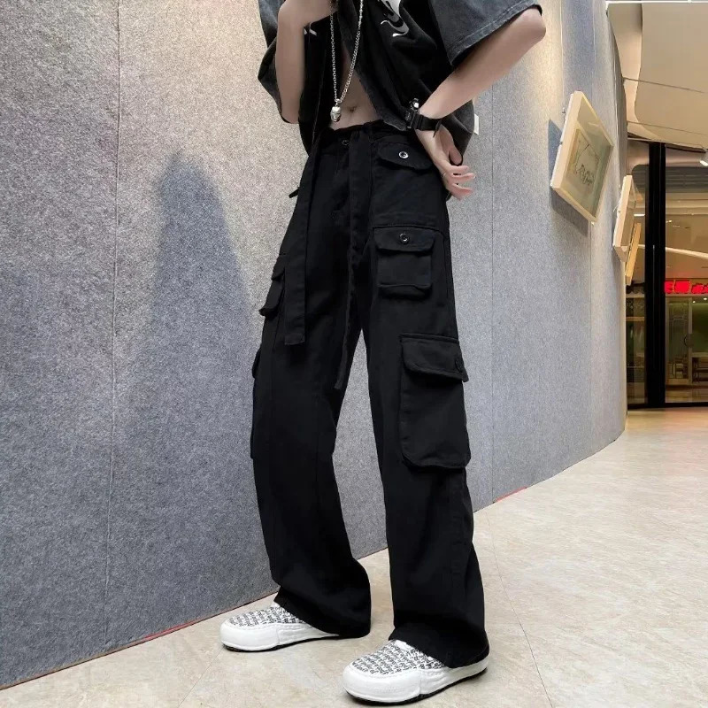 Trousers Man Wide Multi Pocket Cargo Pants For Men Grey Straight Multipockets Large Size With Comfortable Aesthetic Emo Cotton 240806