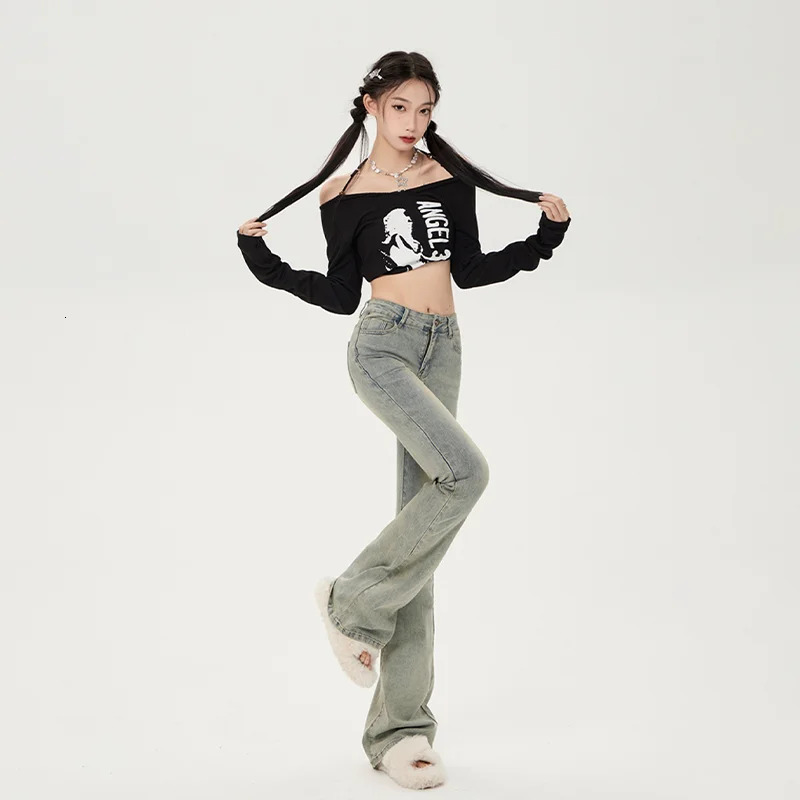 Vintage Blue Flare Women Summer High Waist Slim Skinny Jeans Denim Trousers Korean Style Strt Strtwear Y2K Z260313