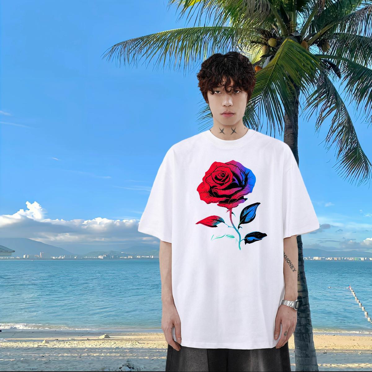 2024 New T-Shirts 230g Cotton flower Hip Hop Polos Breathable Crew Neck Brand Men Tees Black White