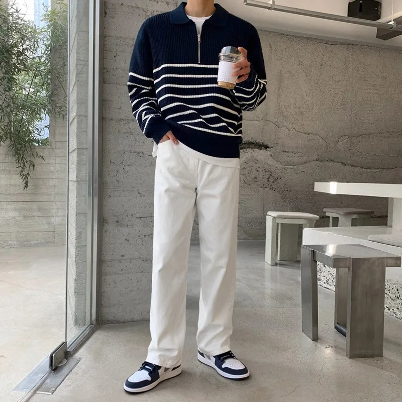 Autumn Korean Mens Light Style Lapel Long Sleeve Sweater Fashion High-end Loose Retro Casual Half Zip Striped Sweater Top 240729