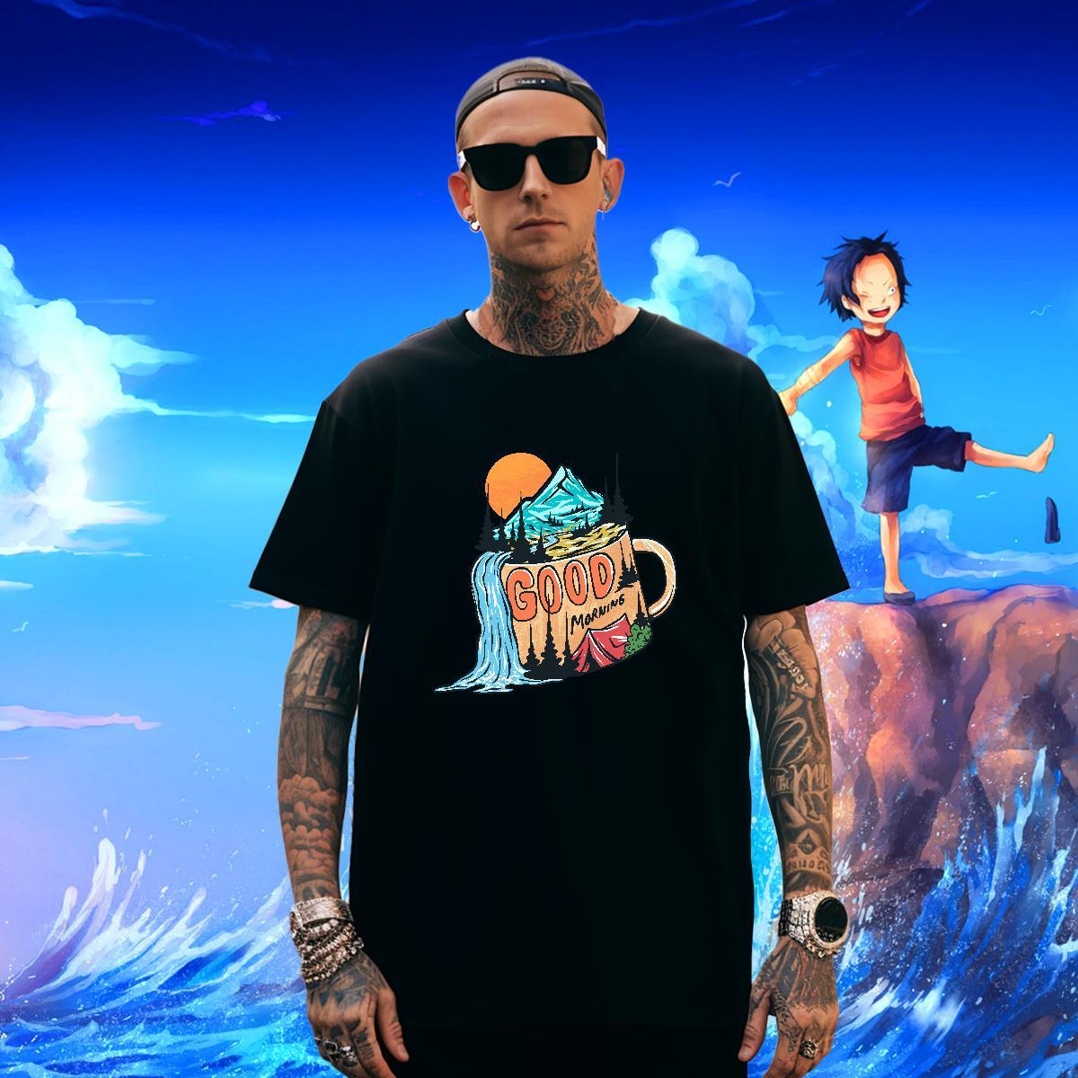 Comfortable Men Tees 100% Cotton 230g Anime Printing Street mountains DIY Anime O Neck Short Sleeves Classic Casual Men T Shirts Polos