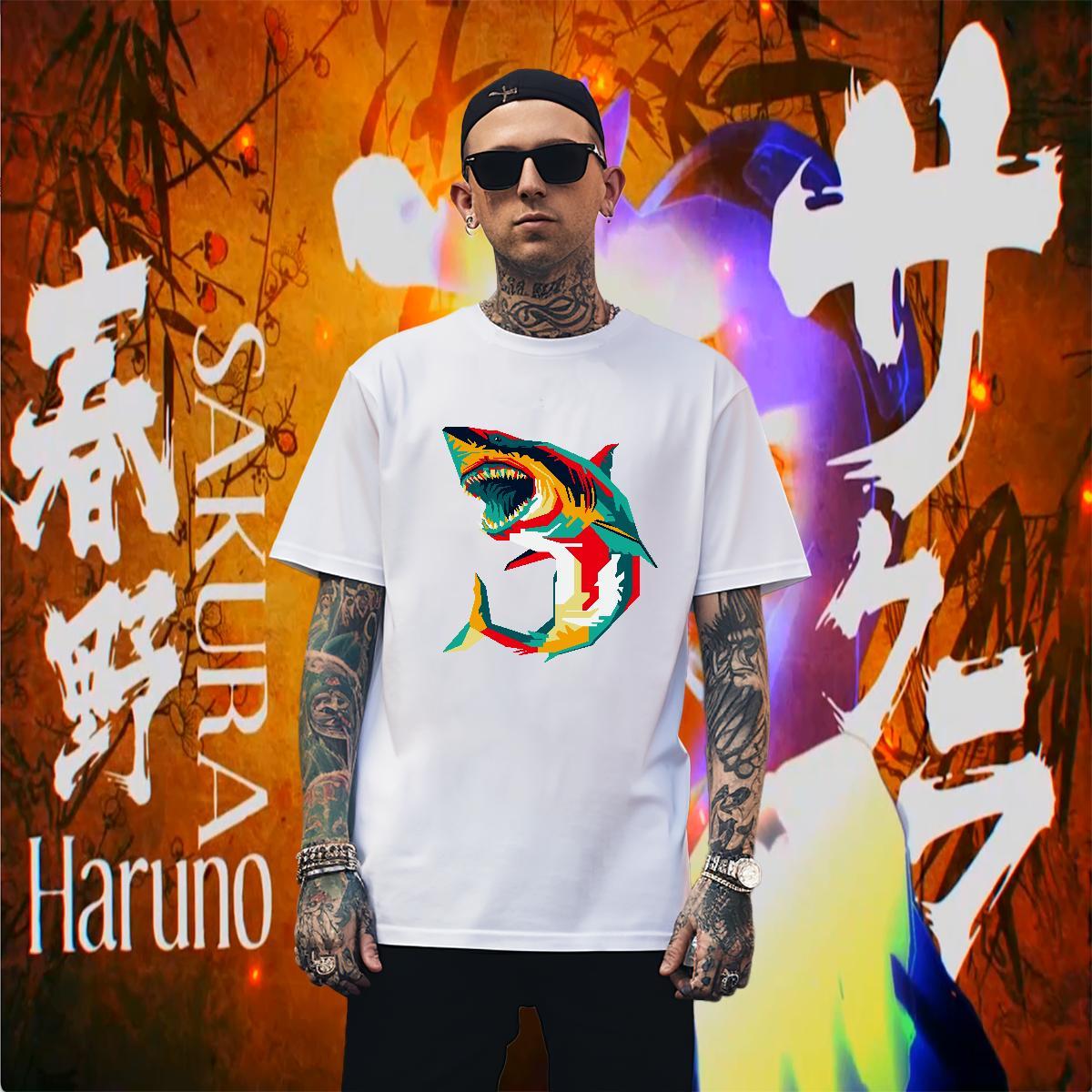 T-Shirts for Men 230g Pure Cotton shark Daily Wear Breathable Soft Plus Size Custom Tshirts Casual New Comfortable Top Tees