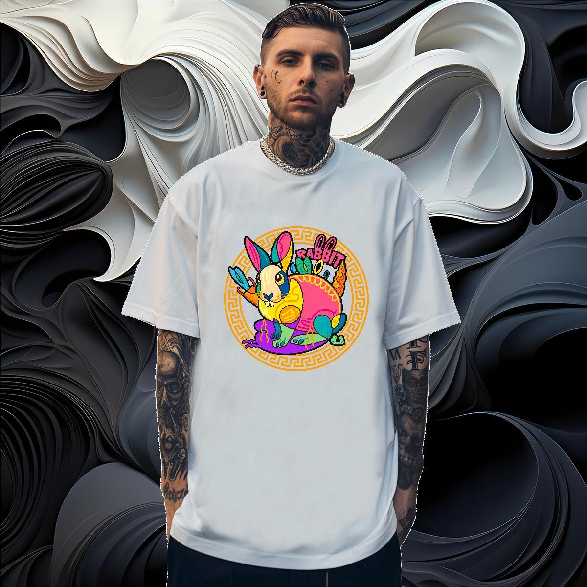 Free Shipping T Shirts Men 230g Cotton rabbit Home Outdoor Tops Tees Crew Neck Breathable Comfortable Mens Tshirts Black Oversized