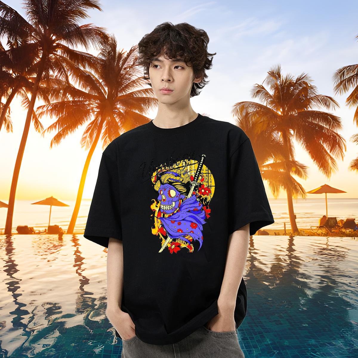 2024 T-Shirts for Men skull Tshirts 230g Cotton High Street Hip Hop Loose Anime Crew Neck Men Tshirts