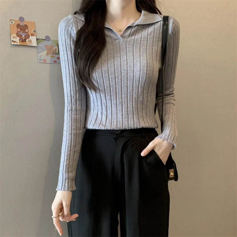 Autumn and winter womens fashionable polo shirt long sleeved slim fit top knitted sweater Y2k top T-shirt 240827