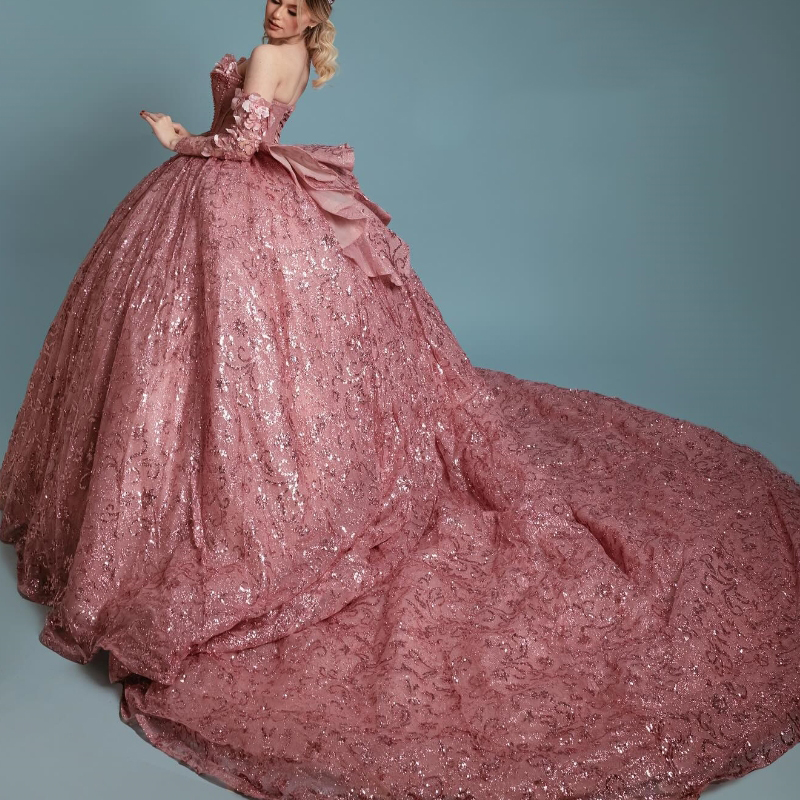 Pink Shiny Princess Quinceanera Dress Off Shoulder Lace Beading Crystal Pearls Tull Sweet 16 Birthday Party Gown Vestidos De 15 Anos