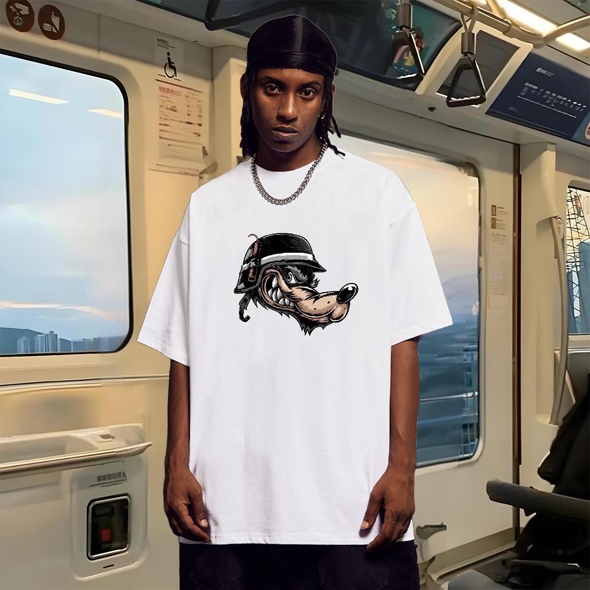 2024 Summer Men T Shirts 230g 100% Cotton wolf High Street Hip Hop Tops Shirt O Neck Short Sleeves Wholesale Tshirts Anime