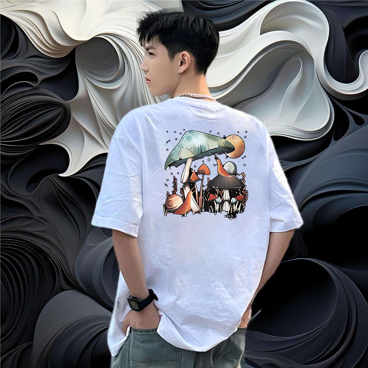 Fashion Design T shirt 230g 100% Cotton mushroom Hip Hop Top Tees Crew Neck Brand Men Tees Cartoon Print