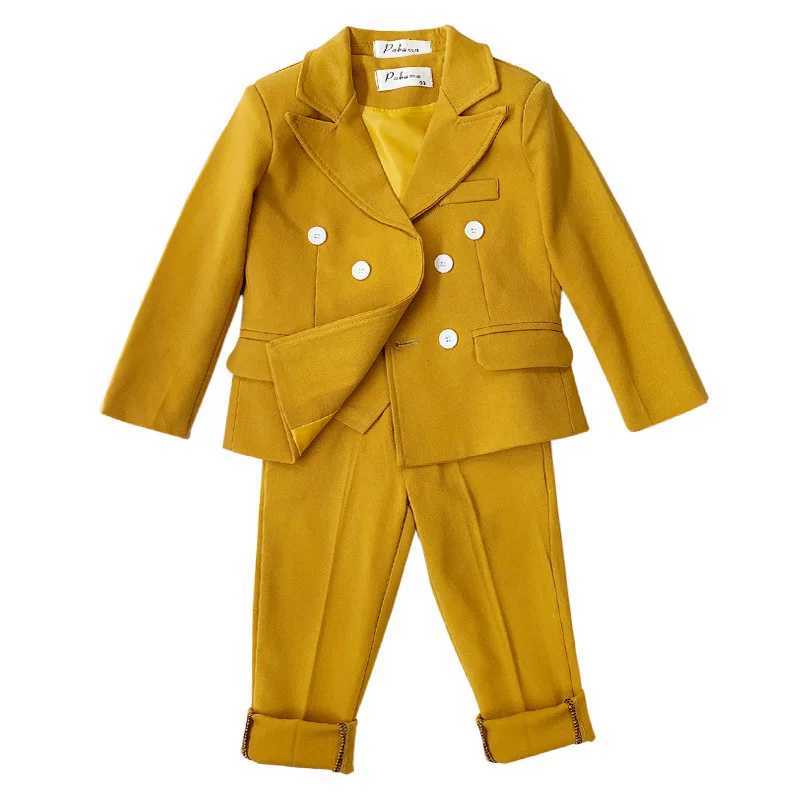 Suits Winter Boys Girls Dress Suit Set Formal Children Catwalk Show Wedding Party Costume Kids Yellow Blazer Pants Clothing Sets