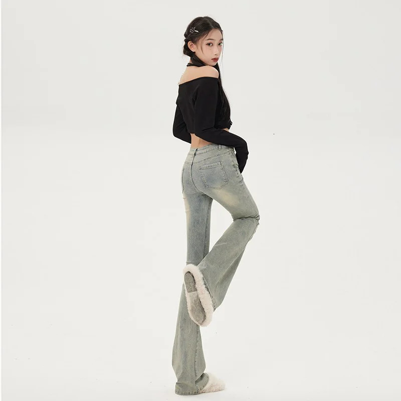 Vintage Blue Flare Women Summer High Waist Slim Skinny Jeans Denim Trousers Korean Style Strt Strtwear Y2K Z260313