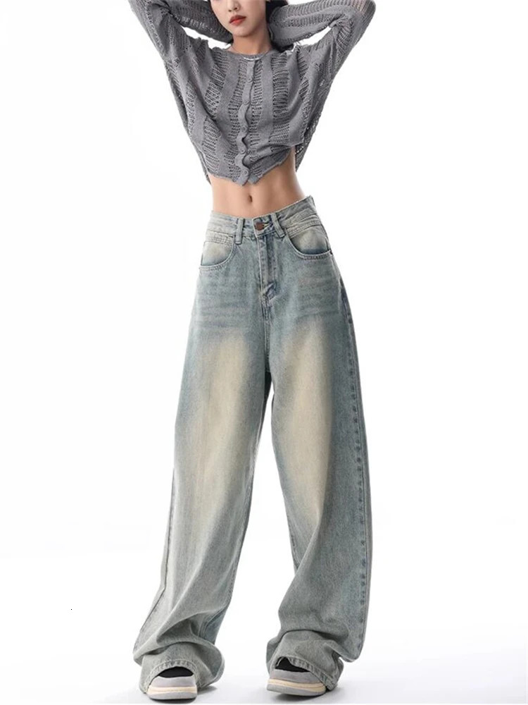 Womens American Vintage Washed Thin Jeans Street Casual Neutral Style Blue Denim Trousers Female High Waist Straight Pants 240806
