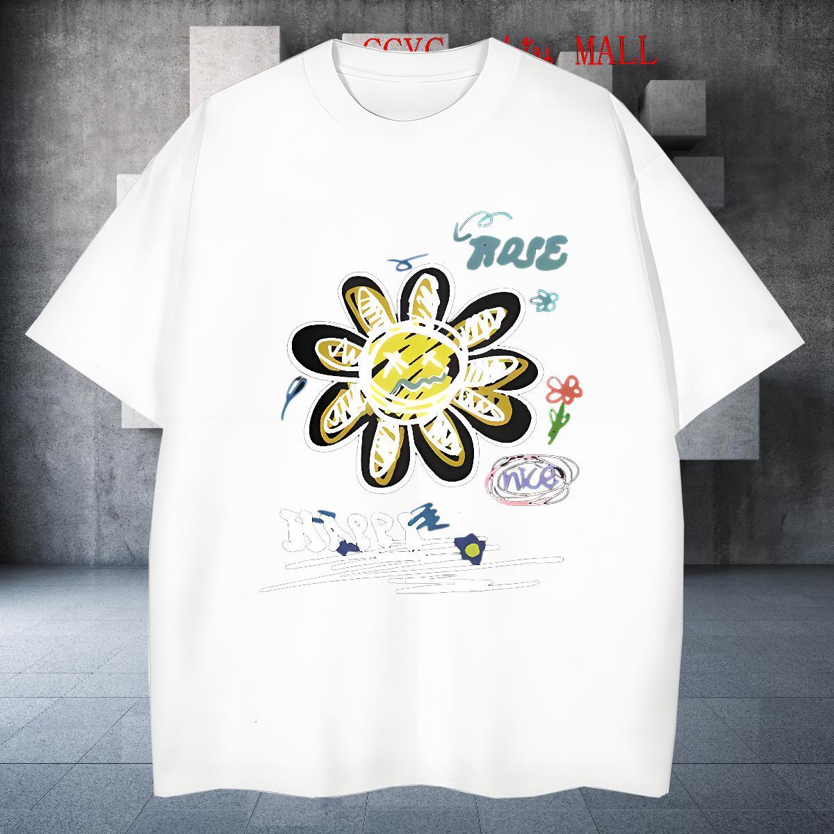 Stylist T Shirt For Man 100% Cotton 230g flower Street Casual Polos Pure Cotton Brand Couples T Shirts Black Oversized