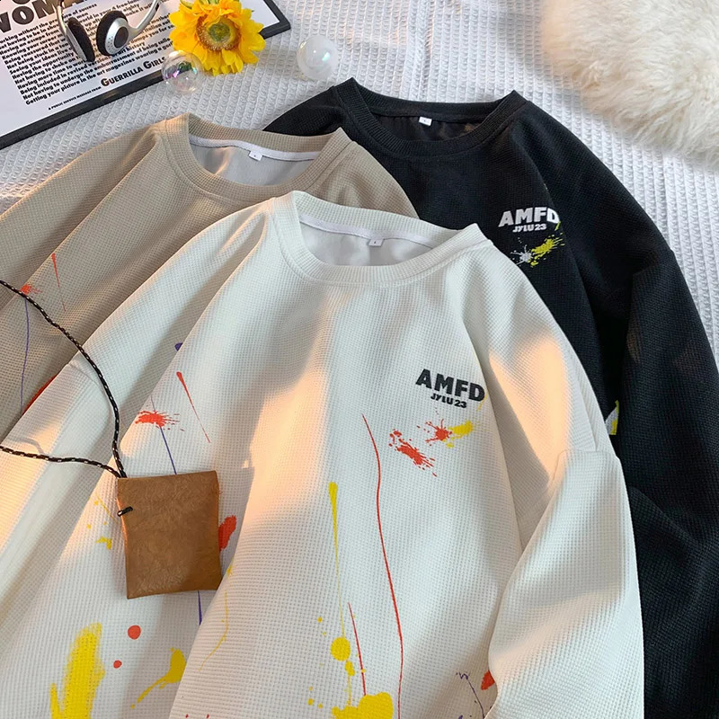 Ink Graffiti Sweatshirt Fashion Autumn Men Loose Waffle Sweatshirts Youthful Energetic Pullover Couple Clothing 240802