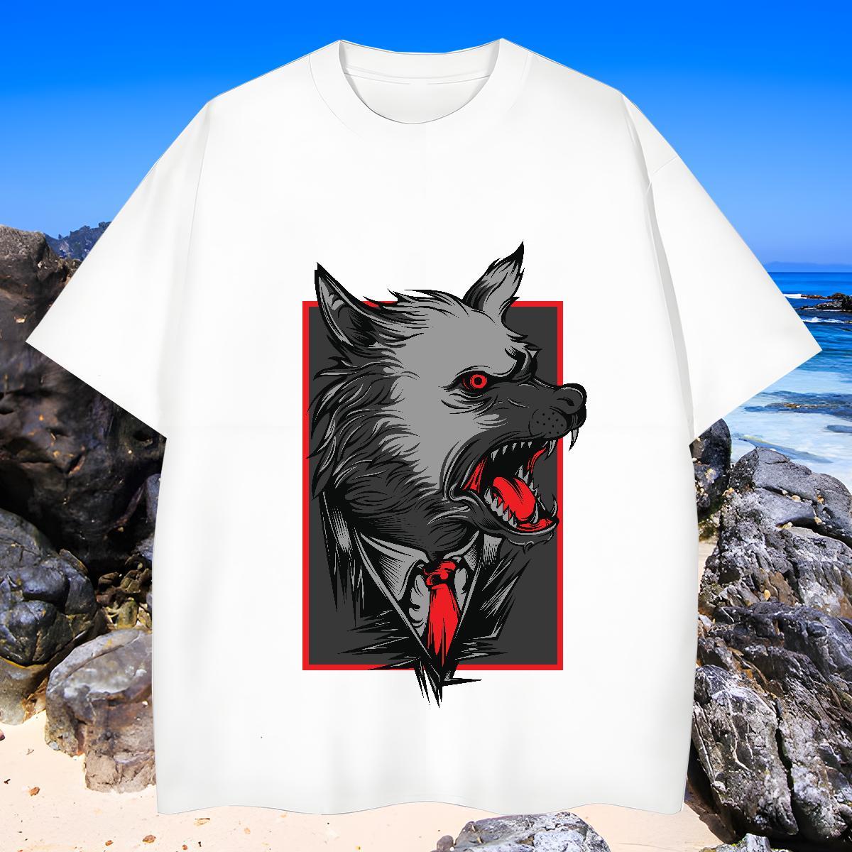TOP Quality Mens Tshirts 230g Cotton wolf T Shirt For Man Casual Breathable Custom Print Oversized Fashion Design Tops Shirt