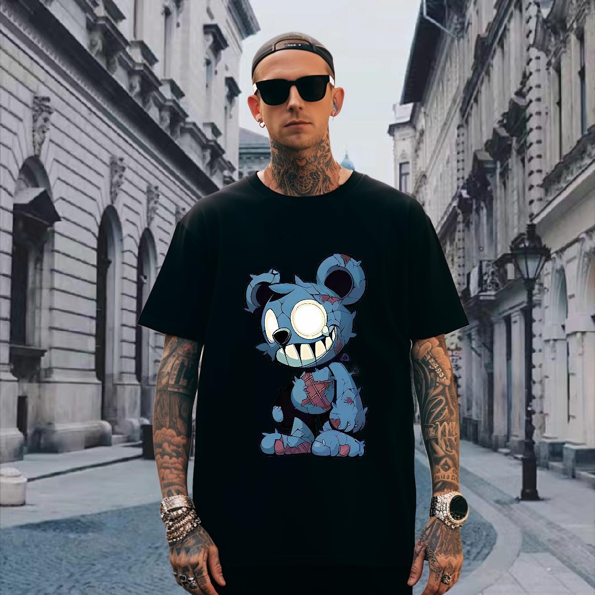 T shirt 100% Cotton 230g bear Hip Hop Street O-Neck Short Sleeve Skull Men Tees Classic Casual Wholesale Tees Shirts