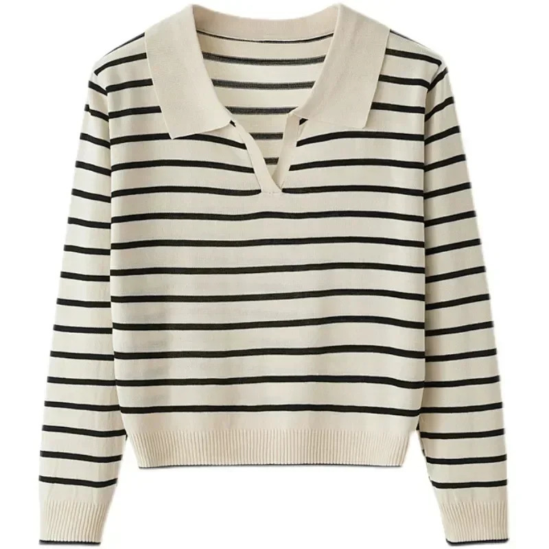 Womens striped V-neck pullover polo sweater early autumn full competition top long sleeved knitted bottom sweater 240827