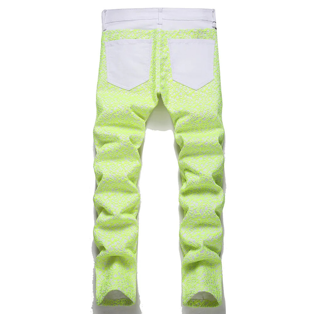 Men Y2K Neon Greeen Denim Jeans Streetwear Spider Web Letters Embroidery Pants Slim Straight Trousers 240806
