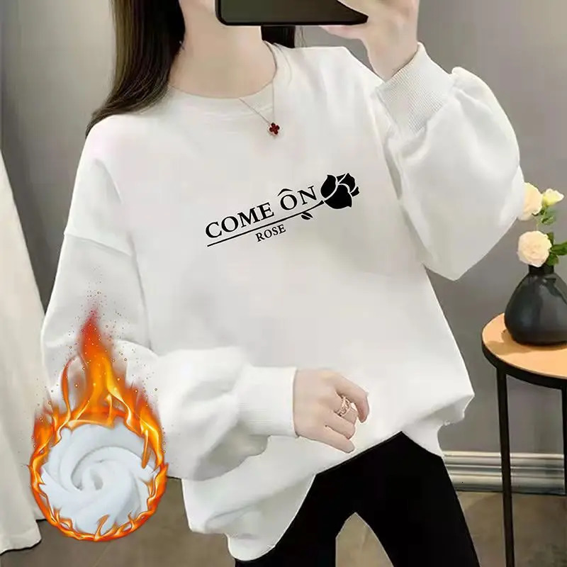 Autumn and Winter Womens Crew Neck Long Sleeves Printing Loose Pullovers Korean Hoodies Fashion Classic Casual All Match Tops 240806