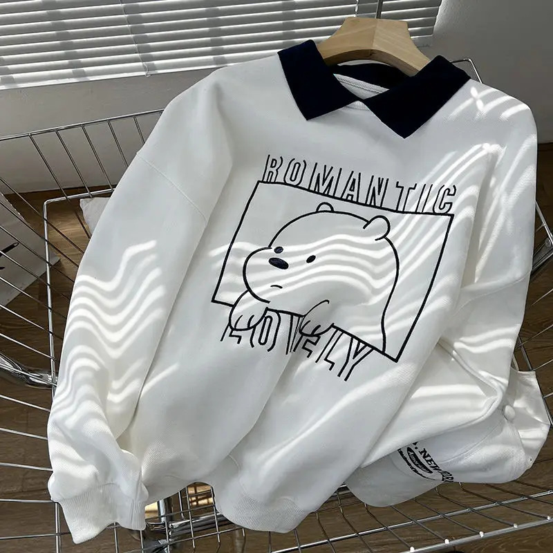 Polo Collar Hoodies Lovely Gray Bear Pattern Women Sweatshirt Autumn Vintage Female Hoodies Casual Long Sleeve Oversized Tops 240806