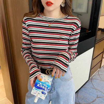 Spring Autumn Y2k Clothes Womens T-shirts Tops Women Striped LongSleeve Top Female T Shirt Korean Clothing Mujer Camisetas 240806