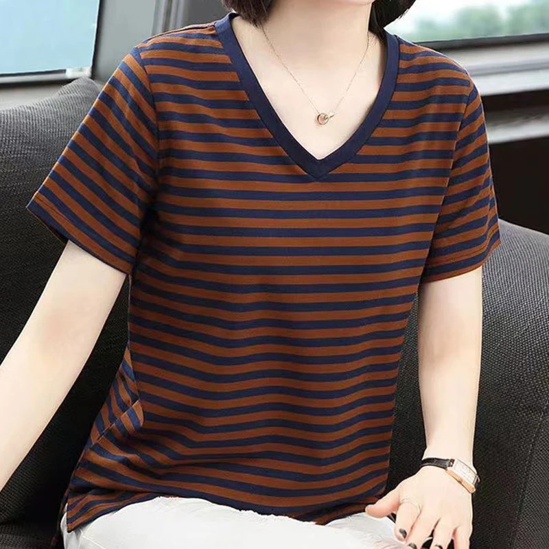 Summer Loose Large V-Neck Short Sleeve Womens T-shirt Oversized Casual Blouse Fashion Striped Elegant Tops 240806