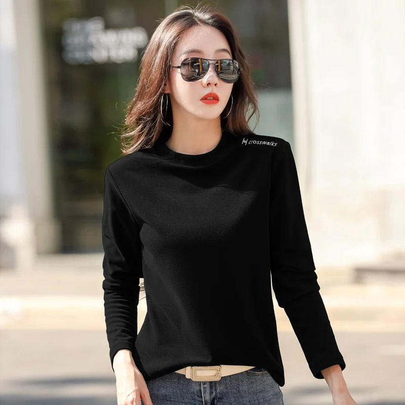 #0317 Autumn Winter Skinny T Shirt Women Warm Thick Casual T Shirt Femme O-neck Embroidery Letters Womens T-shirt Long Sleeves 240806