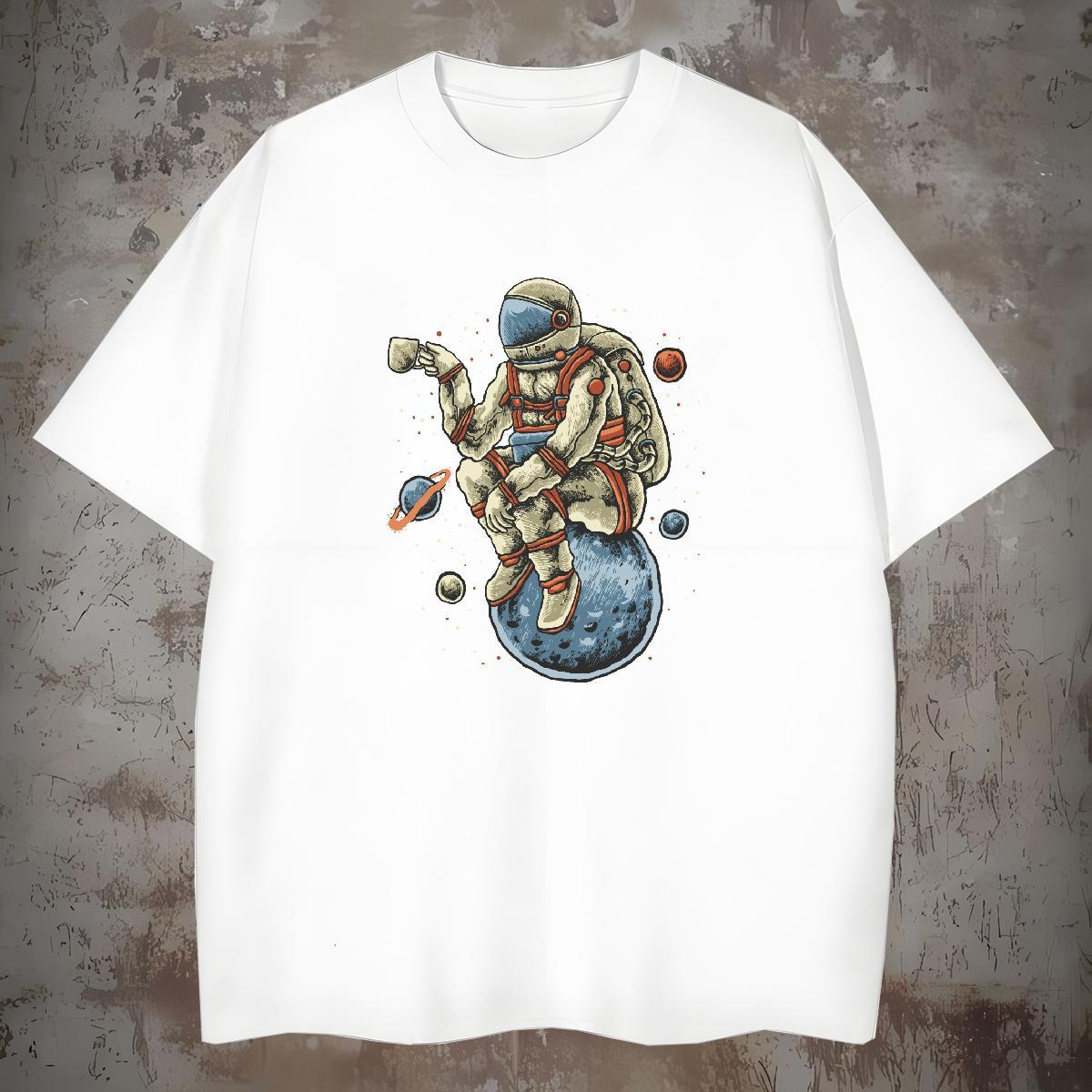 Man T Shirts 100% Cotton 230g cosmonaut Street Wear Crew Neck Breathable Cartoon Print Men Tees DIY Loose Fit Tee Shirt