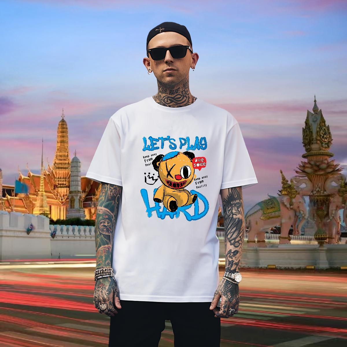 T Shirts Men 230g Cotton bear Hip Hop Short Sleeve Soft Cartoon Print Men Tees DIY Customized Popular Tshirts