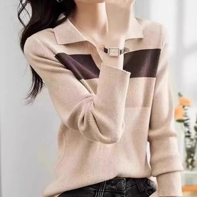 Autumn and winter fashion polo neck long sleeved patched work color blocking pull womens loose Korean style bottom shirt 240827