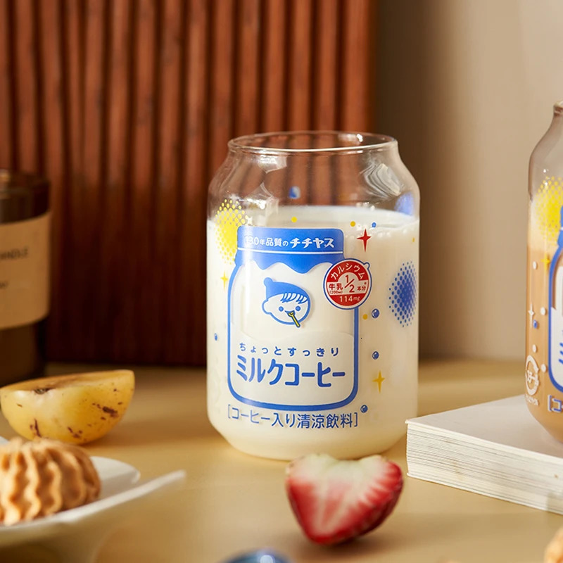 246Pcs Kawai Japanese Cute Yogurt Jun Can Glass Cups Heat-resistant Milk Cups Iced Coffee Water Glasses Mug With StraightStraw 240806