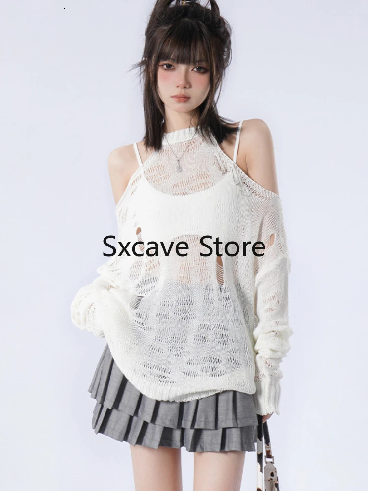 Black Loose Women Sweaters Y2k Clothing Aesthetic Hollow Out Thin Pullovers Summer Long Sleeve Fashion Kniited Tops Sexy 240806